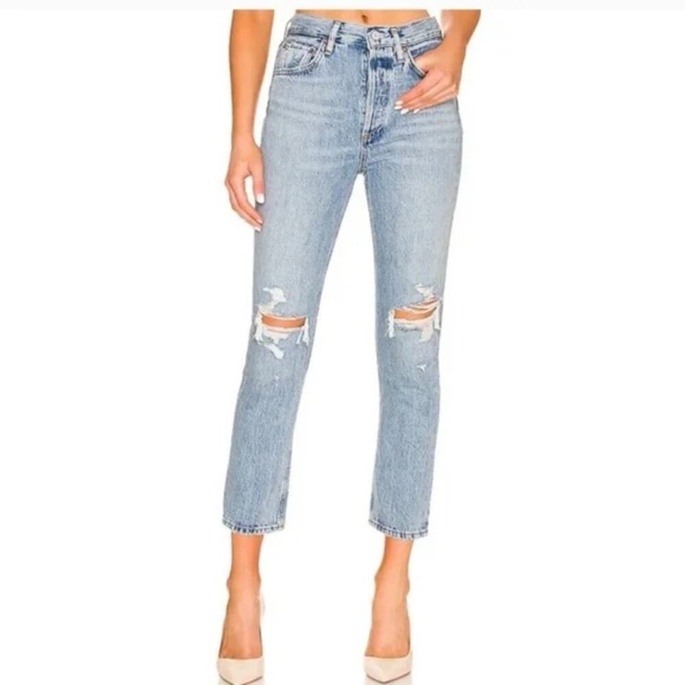 AGOLDE Riley Mid Rise Button Fly Busted Knees Straight Leg Jeans Blue 25